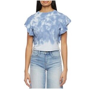 Crew‎ Neck Ruffle Short Sleeve Blue Wash Top Size Junior 3X